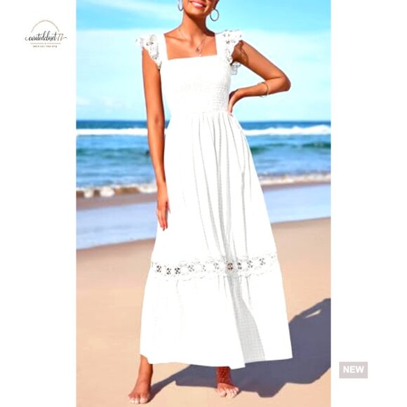 Smocked Maxi Dress with Pockets, Square Neck, Lace Detail, Flowy Summer Sundress - Picture 2 of 7